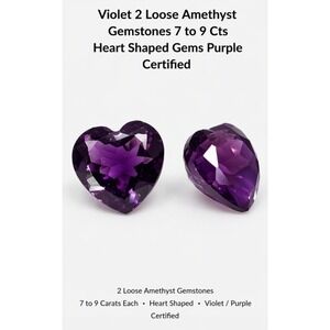 2 Loose Amethyst Gemstones 7-9 Cts Each Heart Shaped Purple Violet Certified